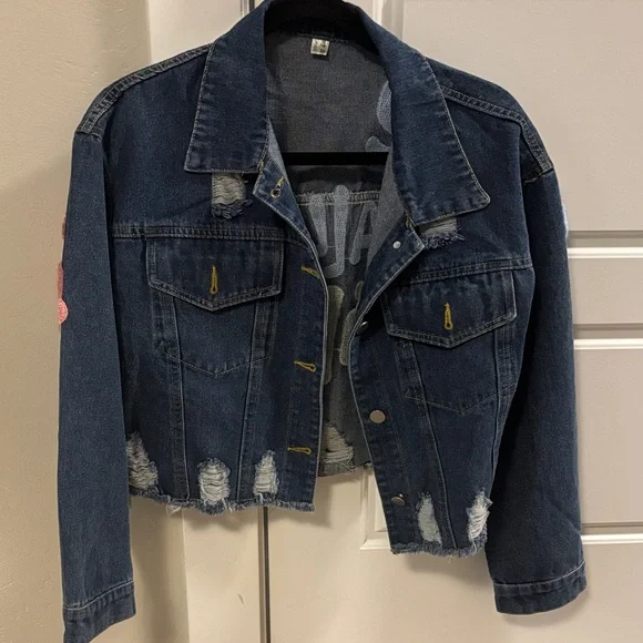 Handmade Embroidered Denim Jacket - Blue with Pastel Puff Text - Picture 2 of 7